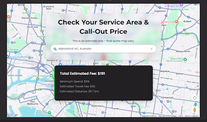 Service Cost Estimator with Google Maps API Integration