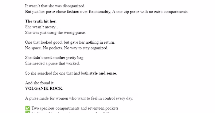 Ad Copy for VOLGANIK ROCK Purse