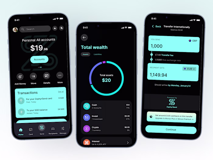 Dark-Themed Mobile Banking & Crypto Wallet App Concept