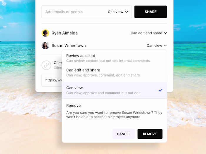 Share project dropdown for SaaS. ↓ The layout keeps everythi...