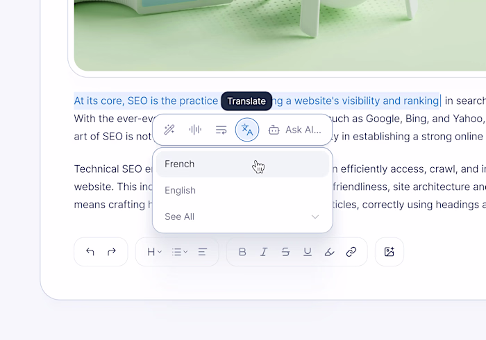 AI text editor language translation dropdown