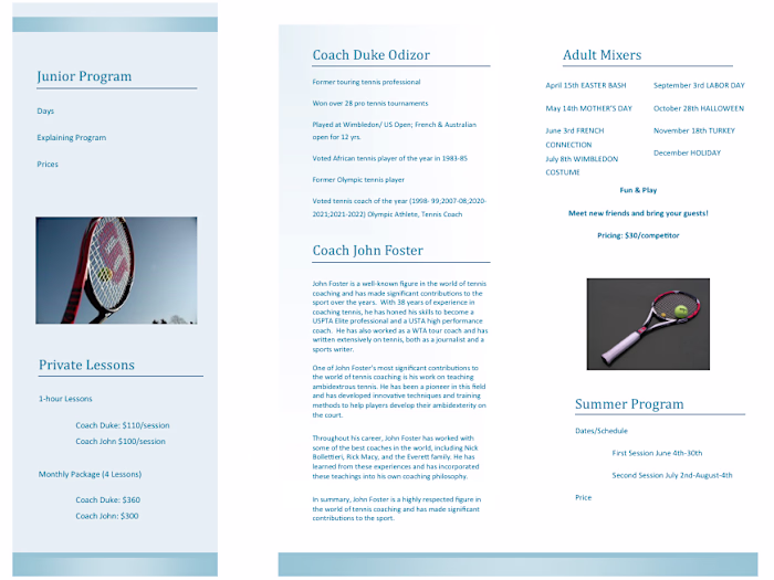 Private Tennis Programming Brochure – Summer 2023