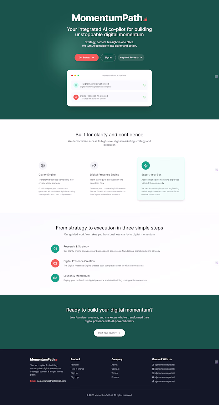 The platform's workflow involves three steps: Research & Str...