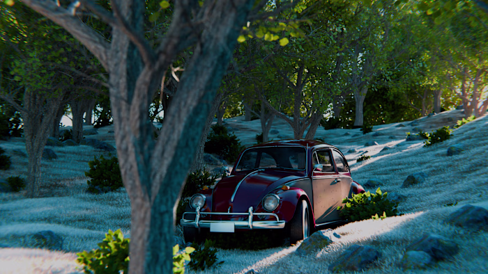 "Vintage Serenity: Beetle Car Amidst Peaceful Forest"