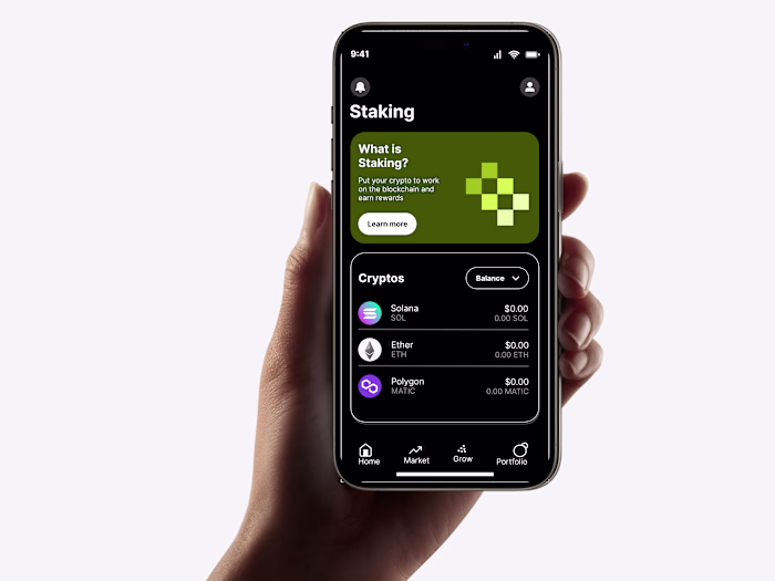 Homepage of a crypto trading app