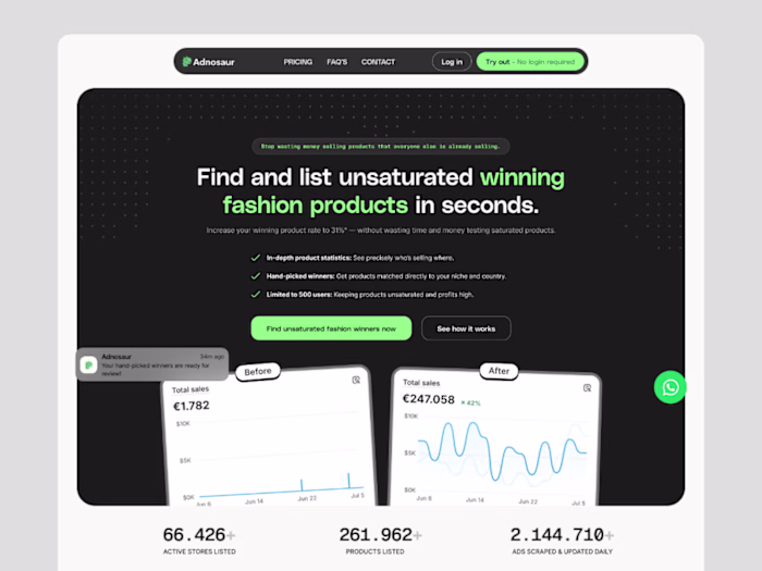 Ecommerce spy tool landing page design