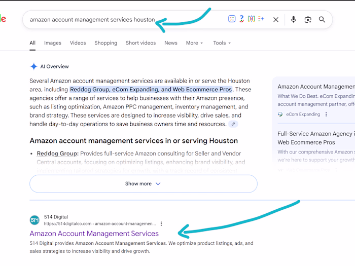 My agency, 514 Digital ranked page - 1 on Google for differe...