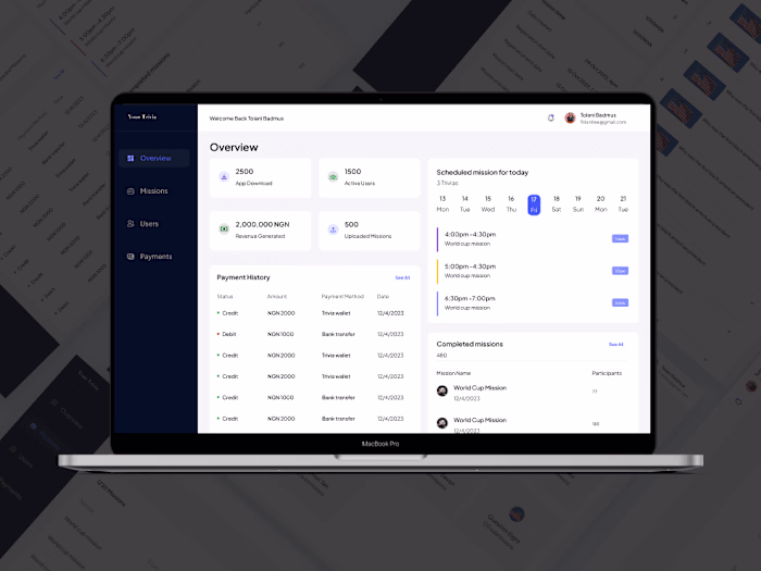 Created Intuitive Dashboard Design for a Trivia Mobile App.