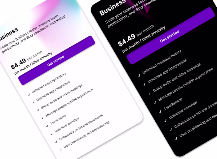 Dual-theme pricing card component built