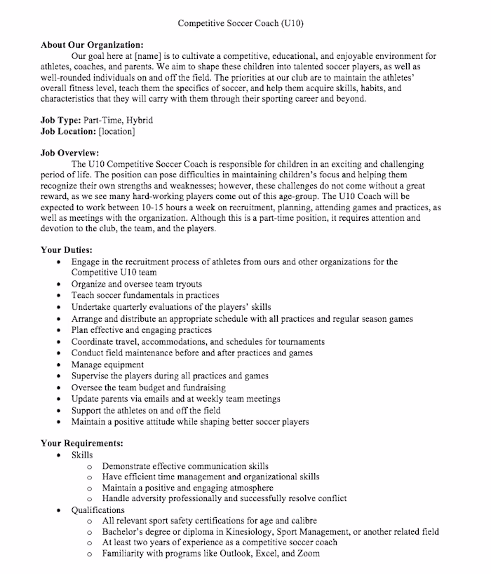 Job Description for Competitive Soccer Coach