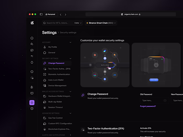 Settings page for managing Web3 wallet security.