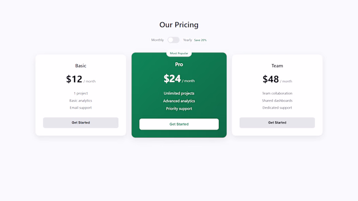 Interactive pricing toggle component with