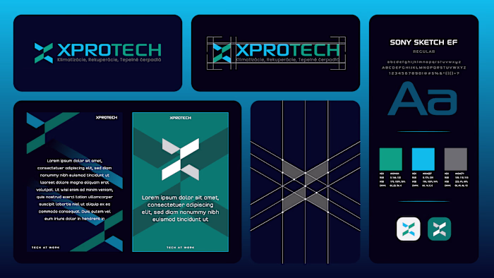 Logo and brand identity for XPROTECH — a clean geometric mar...
