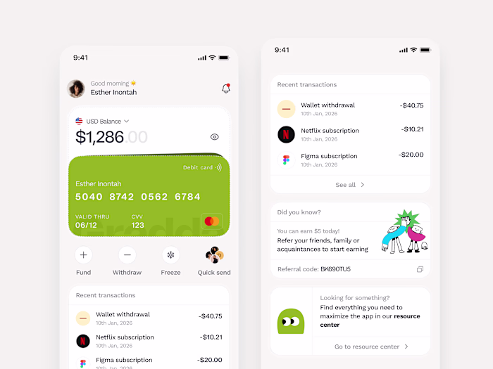 Home screen design for a finance management platform. I recr...