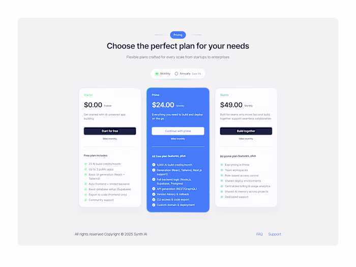 Pricing page for SnythAI