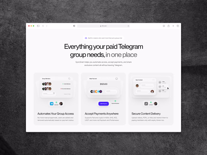 SyncGram is a platform built for creators who run paid Teleg...