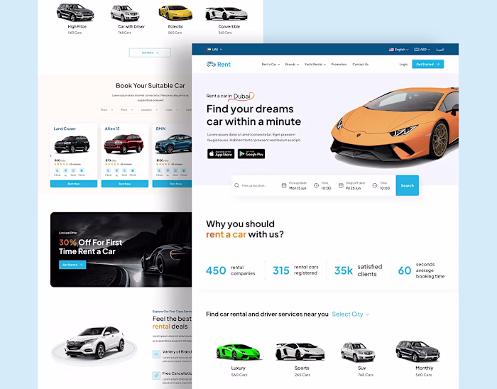 Car Rental Website Landing Page UI Design, UIUX Design