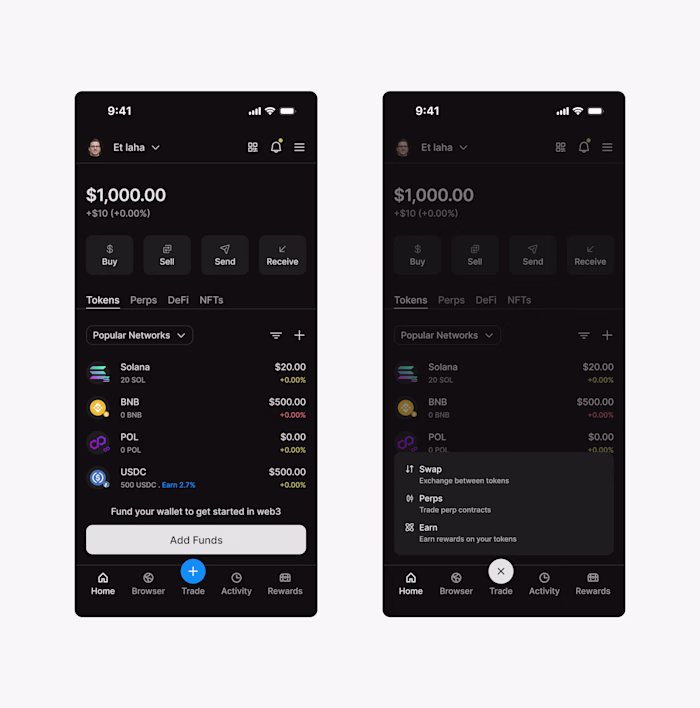 A sleek dark mode crypto web3 app