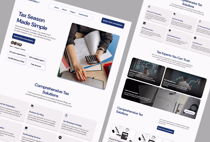 A clean, professional landing page design for a tax consulti...