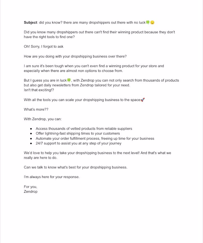 Cold email for Zendrop