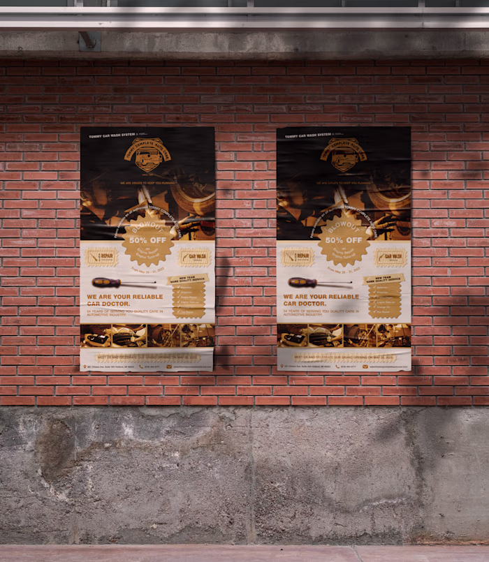 "Tommy Complete Auto Care" brand poster and brochure design.