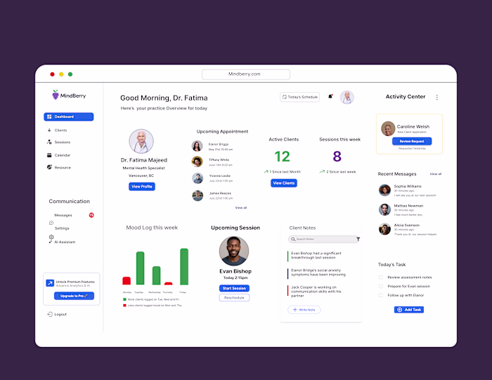 Mind Berry Mental Wellness SaaS Dashboard and Landing Page