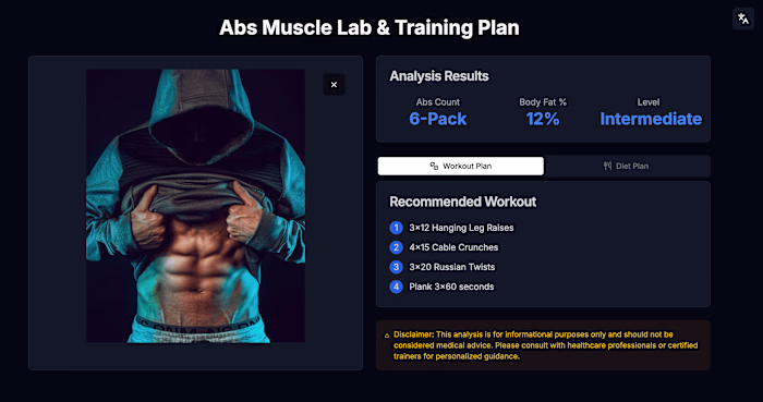 AI image analysis web app: 'Abs Muscle Lab & Training Plan'