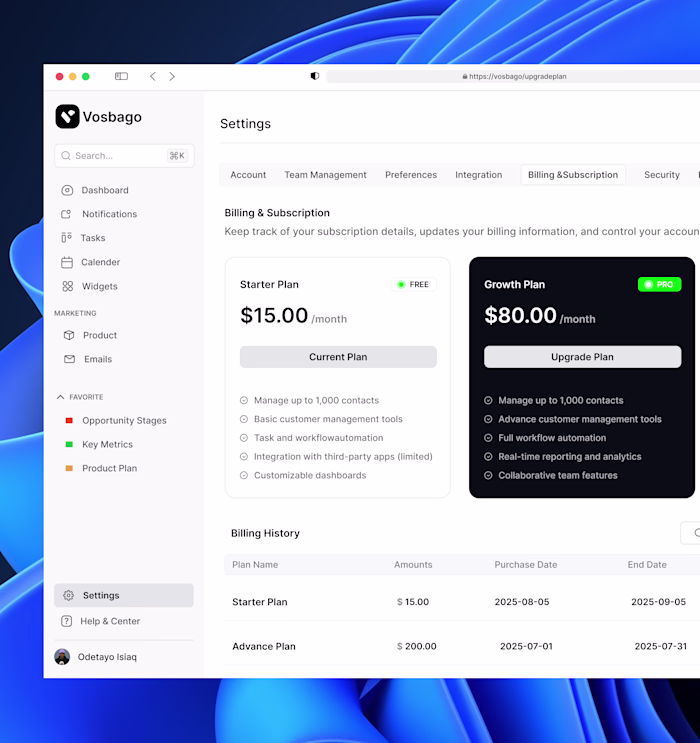 Billing & Subscription page - CRM Dashboard