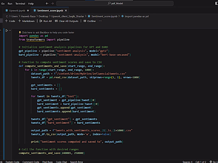Sentiment ANALYSIS SCORES FOR BARD& GPT MODELS ,250,000 TWEETS 