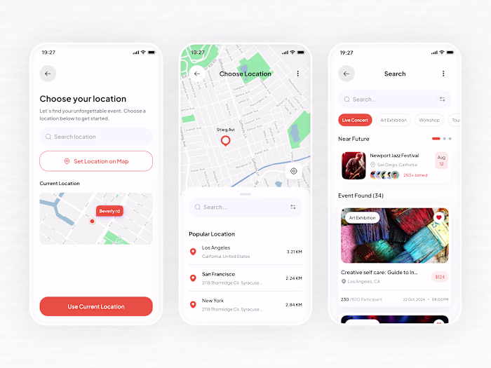 A modern and minimal Event Booking App UI focusing on easy e...