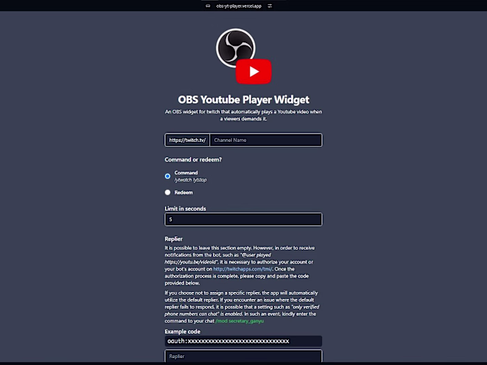 OBS Youtube Player Widget