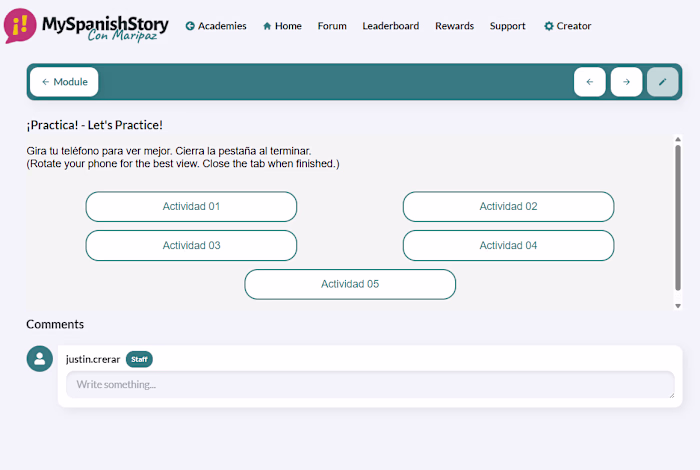 Responsive HTML Activity Launcher for My Spanish Story