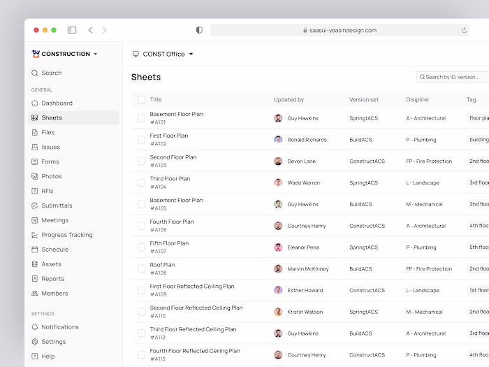 Sheets Table UI – Construction Management SaaS Web App