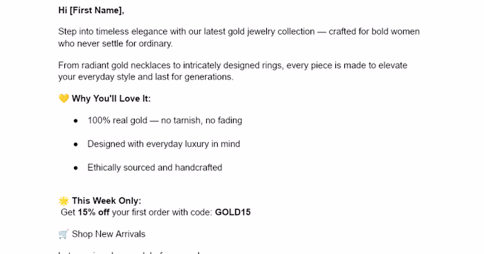 Aurielle Gold Jewelry Collection Email Campaign
