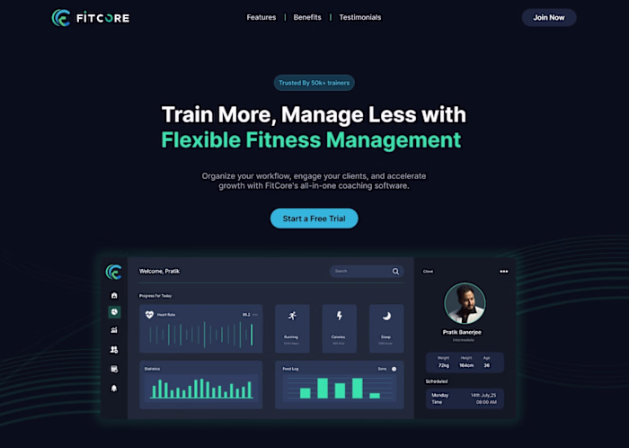 FitCore Fitness SaaS Landing Page Design