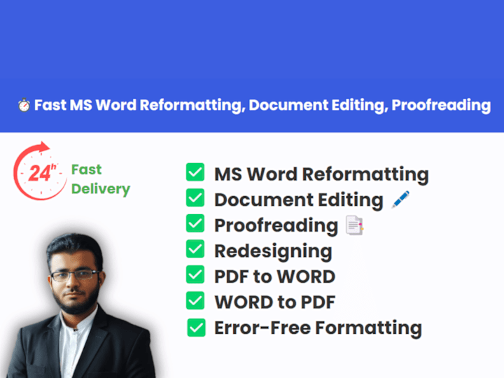 Cover image for I will do MS WORD reformatting, document editing, proofreading