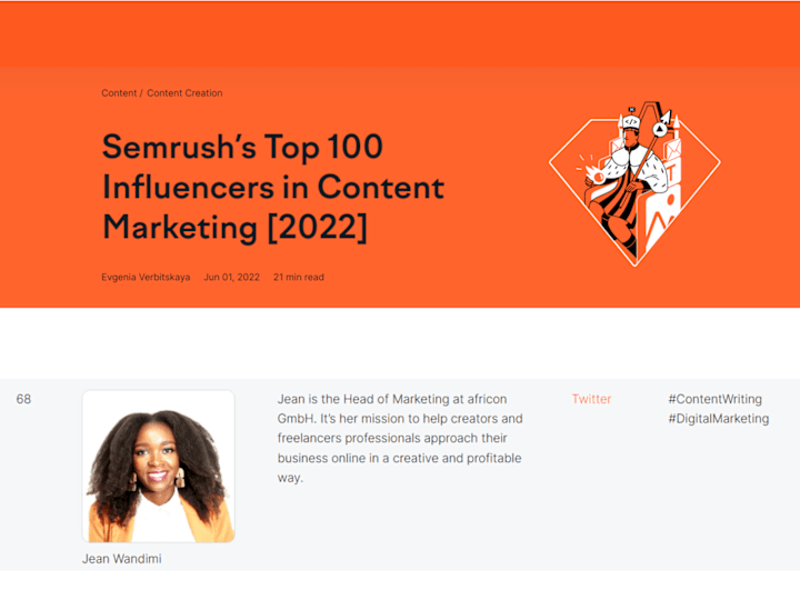 Cover image for One of Semrush's Top 100 Content Marketing Influencers & Experts