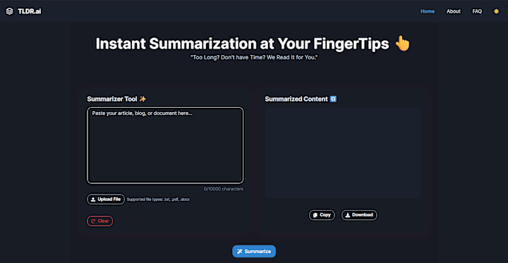 Cover image for TLDR.ai – AI Powered Text Summarizer ✨