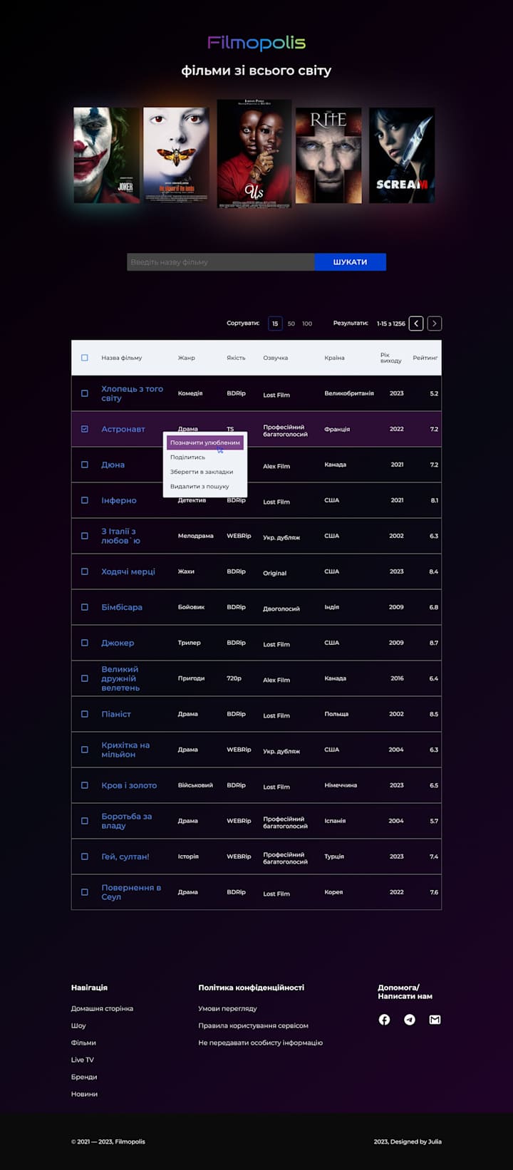 Cover image for UI table design for the film search service page