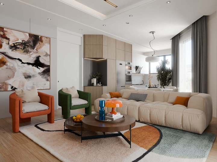 Cover image for Modern Living room design with Brown, orange and green accents