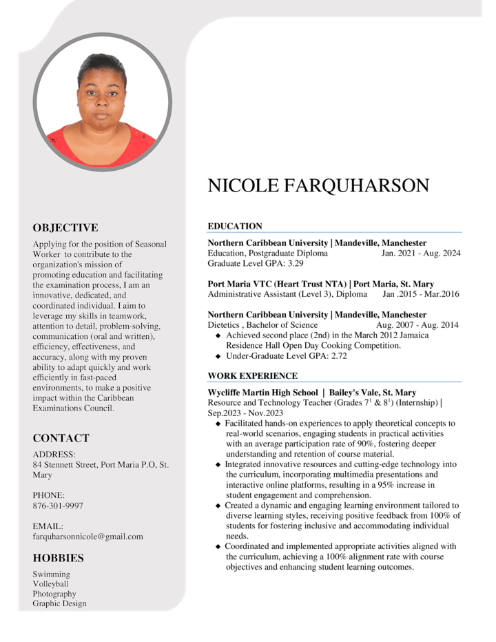 Cover image for Nicole Farquharson's Resume