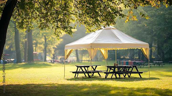 Cover image for Small marquee tent with picnic tables in a park isolated on a c…