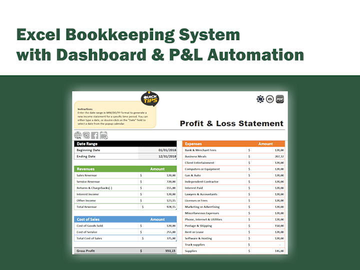 Cover image for Excel Bookkeeping System with Dashboard & P&L Automation