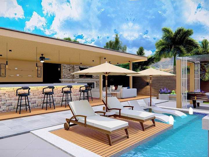 Cover image for Backyard Design with Pool, Jacuzzi, and Outdoor Living Area