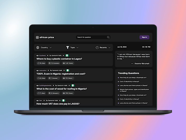 Cover image for AfricanPrice: Full Stack design & development of QnA platform
