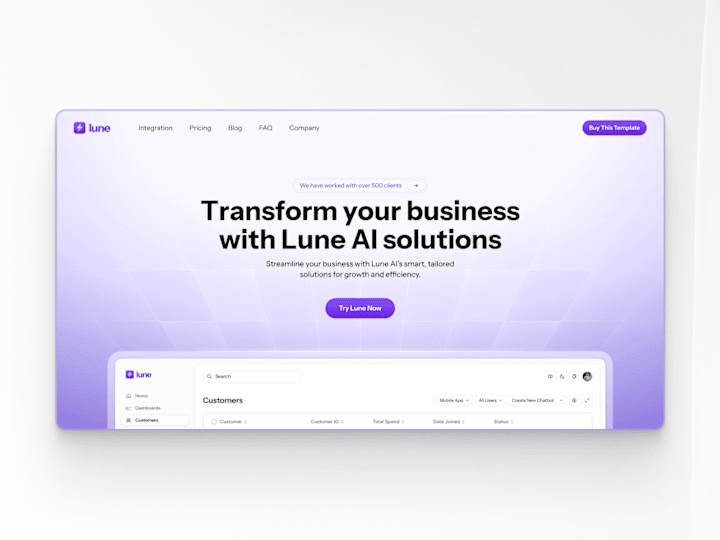 Cover image for AI Dashboard Landing Page Design - Lune 