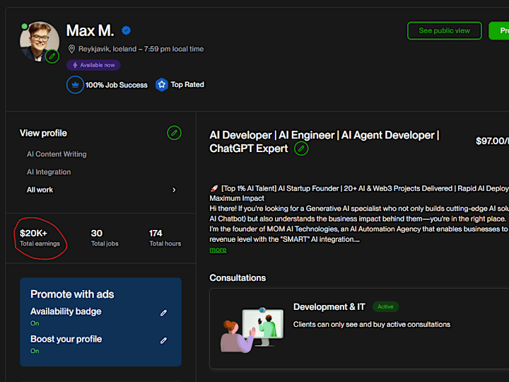 Cover image for Upwork $20k+ Profile + "Money-Making" AI Agents Mini-Porfolio