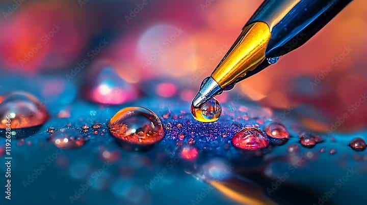 Cover image for A vivid a pen nib lies on a glossy dew drop with an odd mix of …