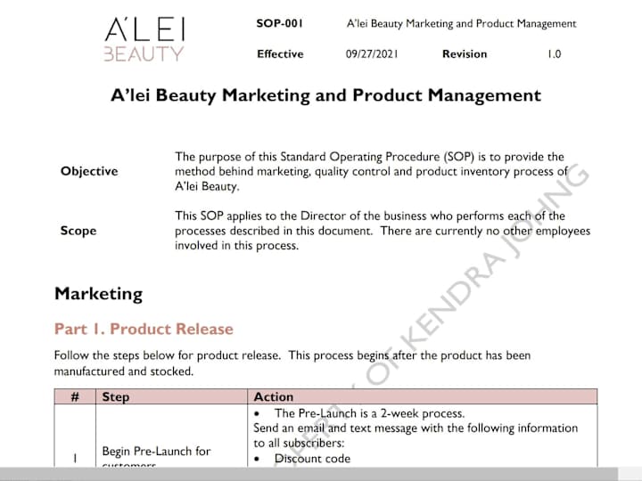 Cover image for A'lei Beauty Marketing and Product Management SOP