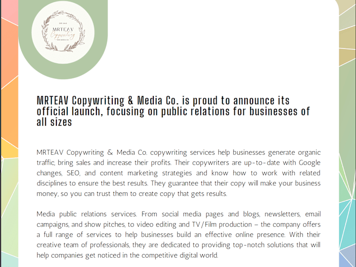 Cover image for MRTEAV Copywriting & Media Co Press Release